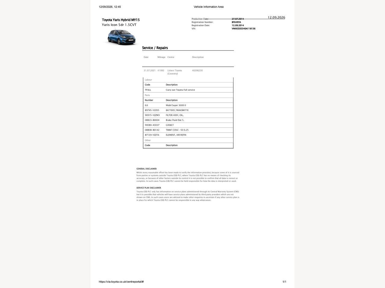 Toyota Yaris BF64RYA