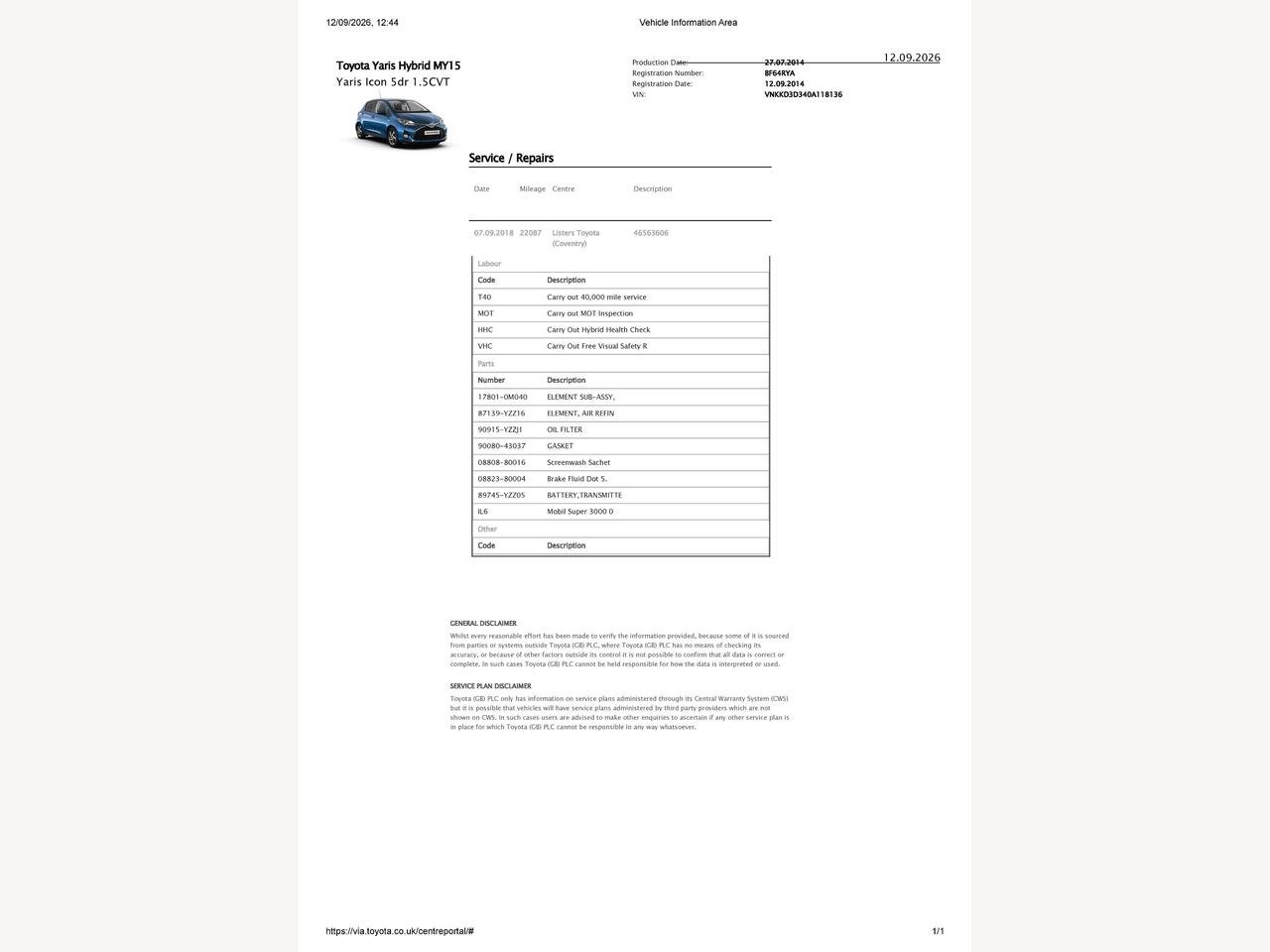 Toyota Yaris BF64RYA